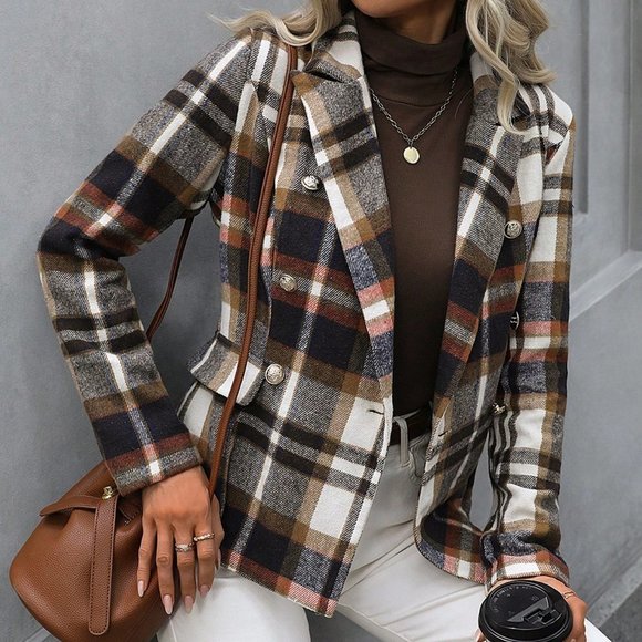 MODA ME COUTURE Jackets & Blazers - Tan Casual Plaid Print Double Breasted Blazer
